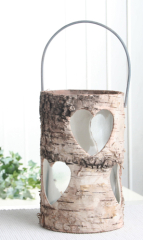 Birken-Windlicht mit Glas, Dekor Herzen, natur, 18 x 11 cm Ø